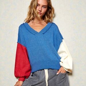 POL Oversized Sweater Blue Red Color Block V-Neck Large NEW